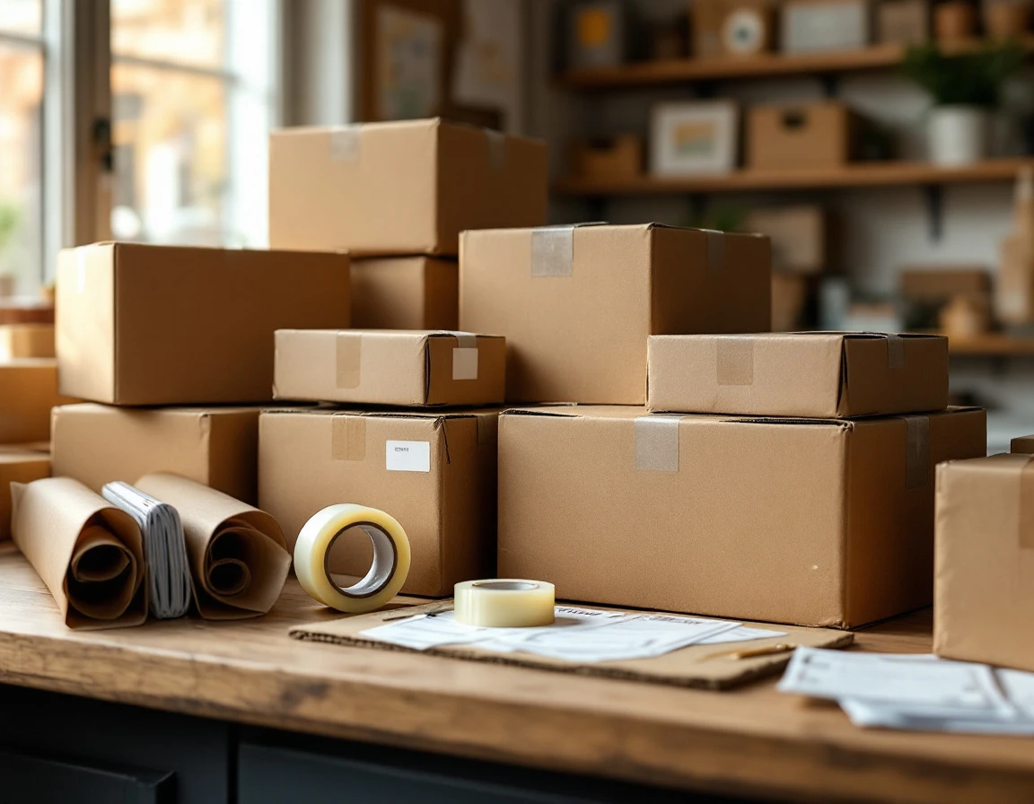 Organized shipping supplies and boxes on retail counter with natural window lighting