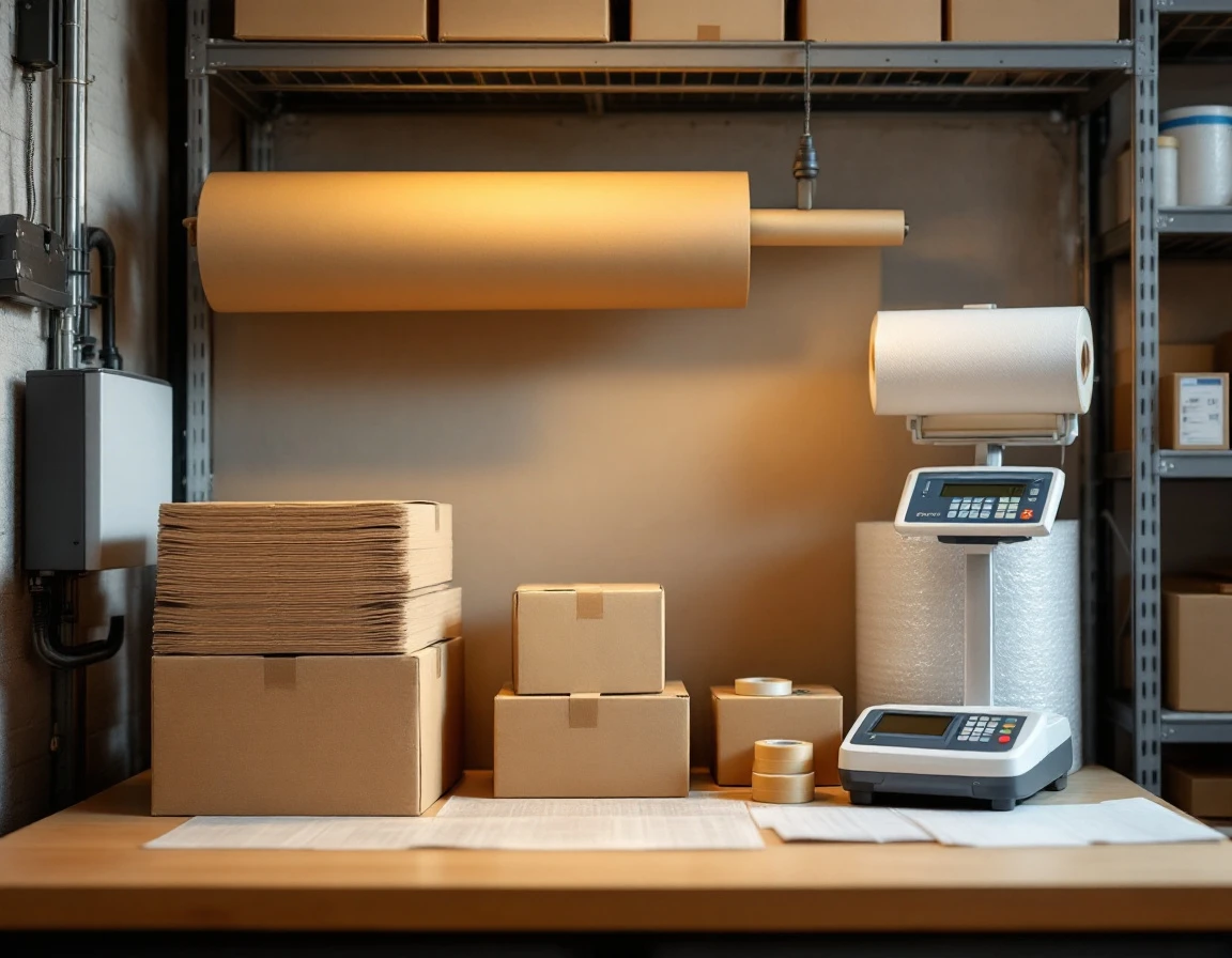 Organized packing station with shipping materials, boxes, and analog tools in a small business workspace