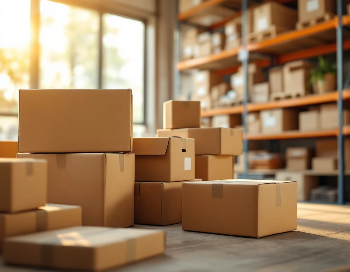 Organized shipping boxes on wooden shelves in pack-and-ship fulfillment workspace with natural lighting