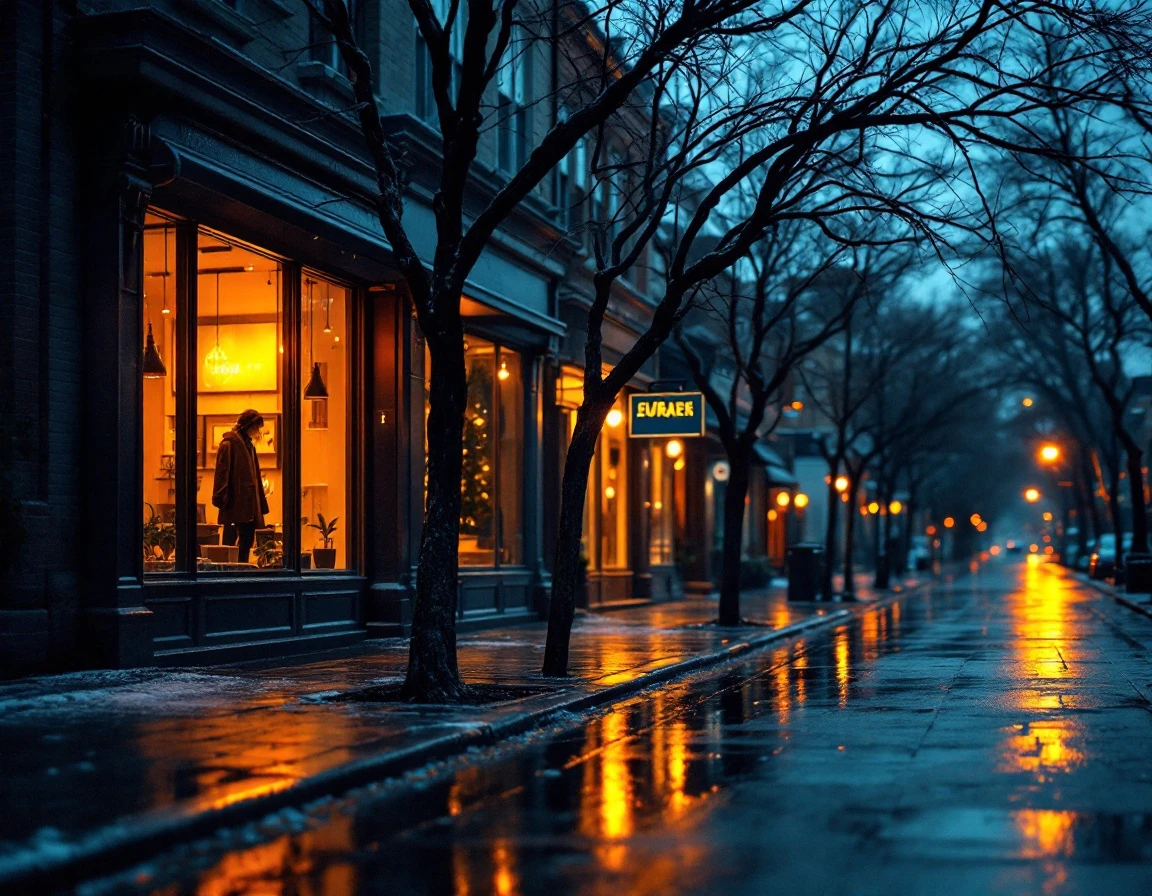 Evening street view of small retail businesses with warm window lighting reflected on wet pavement