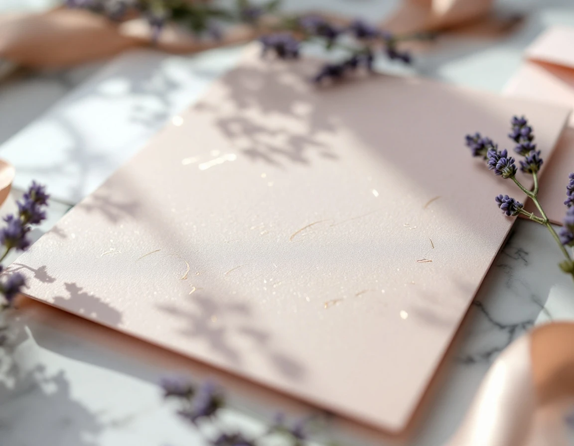 Embossed rose gold wedding invitation samples with foil details and ribbon accents on marble surface
