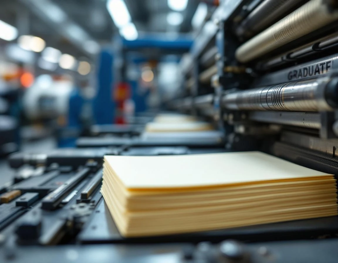Printing press machinery producing graduation announcements on cream cardstock with sharp mechanical detail