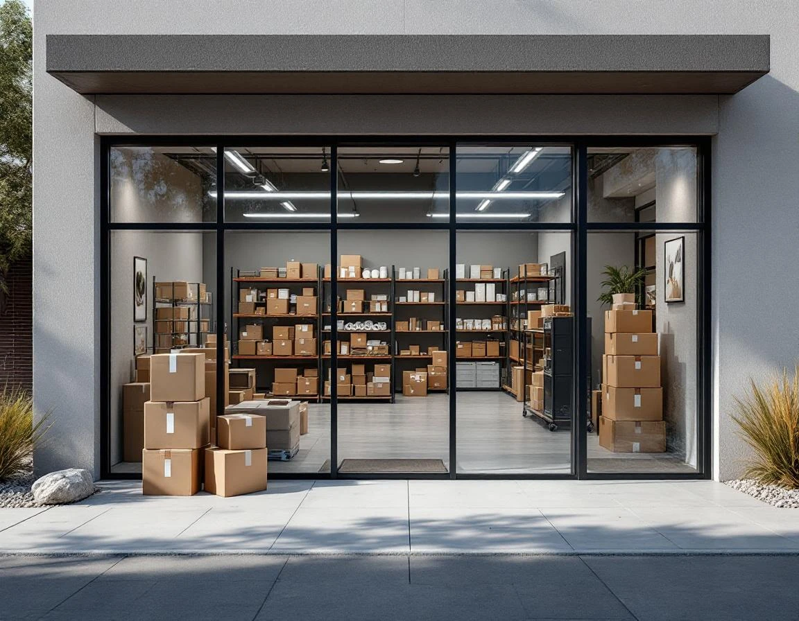 Modern pack-and-ship retail storefront with visible shipping supplies and organized interior workspace