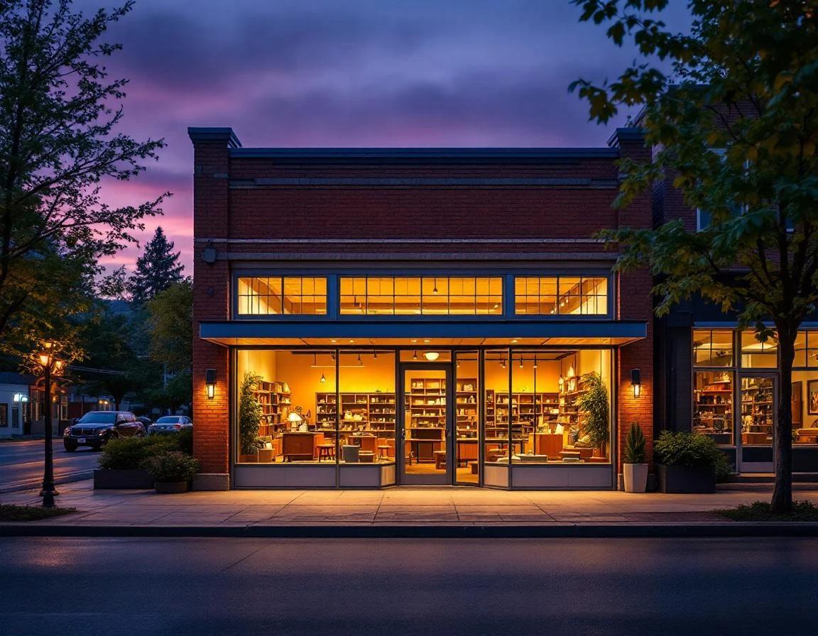 Contemporary brick retail storefront glowing with warm interior light at dusk in a small business district
