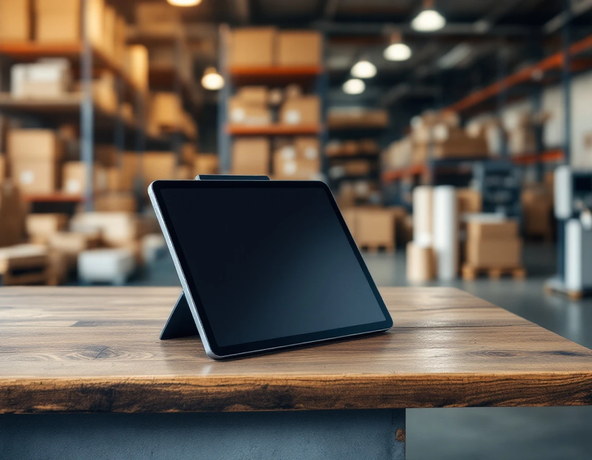 Point-of-sale tablet on wooden counter in pack-and-ship warehouse with industrial shelving in background