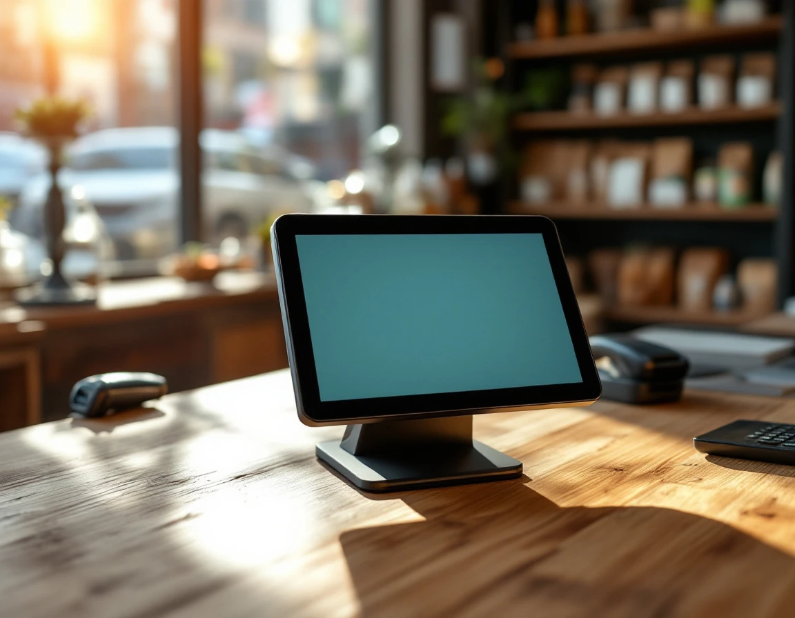 Modern POS terminal on wooden retail counter with natural window lighting and blurred shop background