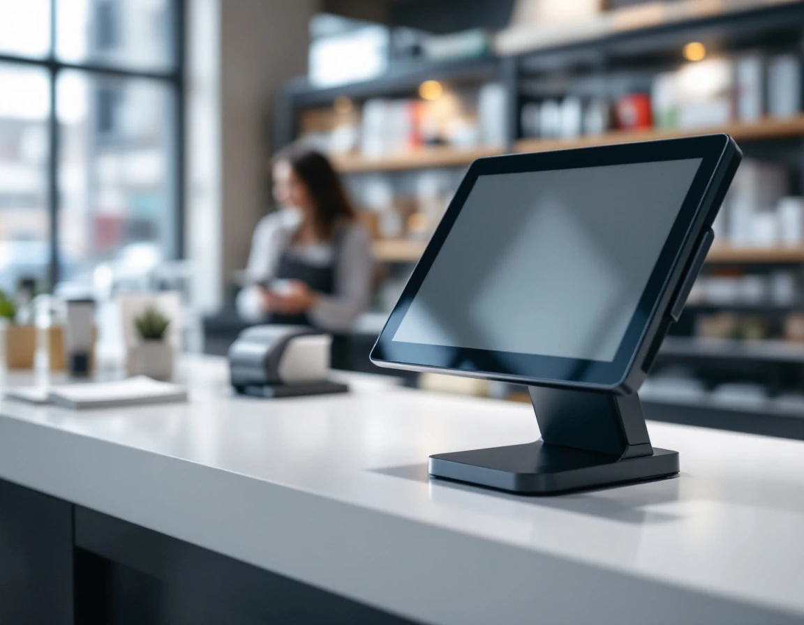 Modern POS terminal on retail checkout counter with payment hardware and ambient store lighting