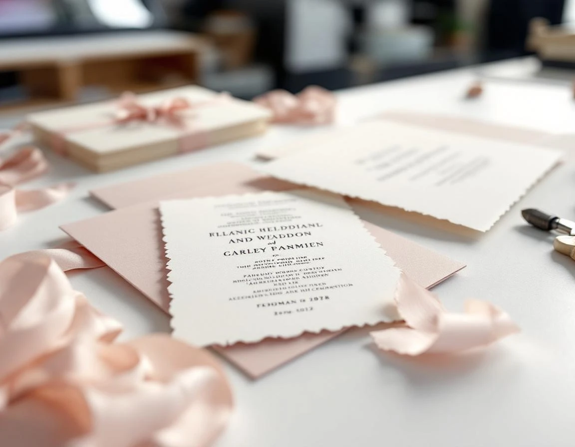 Wedding invitation samples on print shop work surface with equipment in background