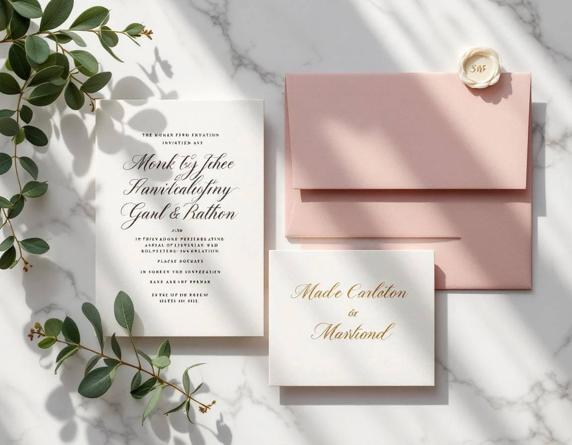 Flatlay of finished wedding invitation suite showing printed calligraphy, place cards, and color swatches on marble