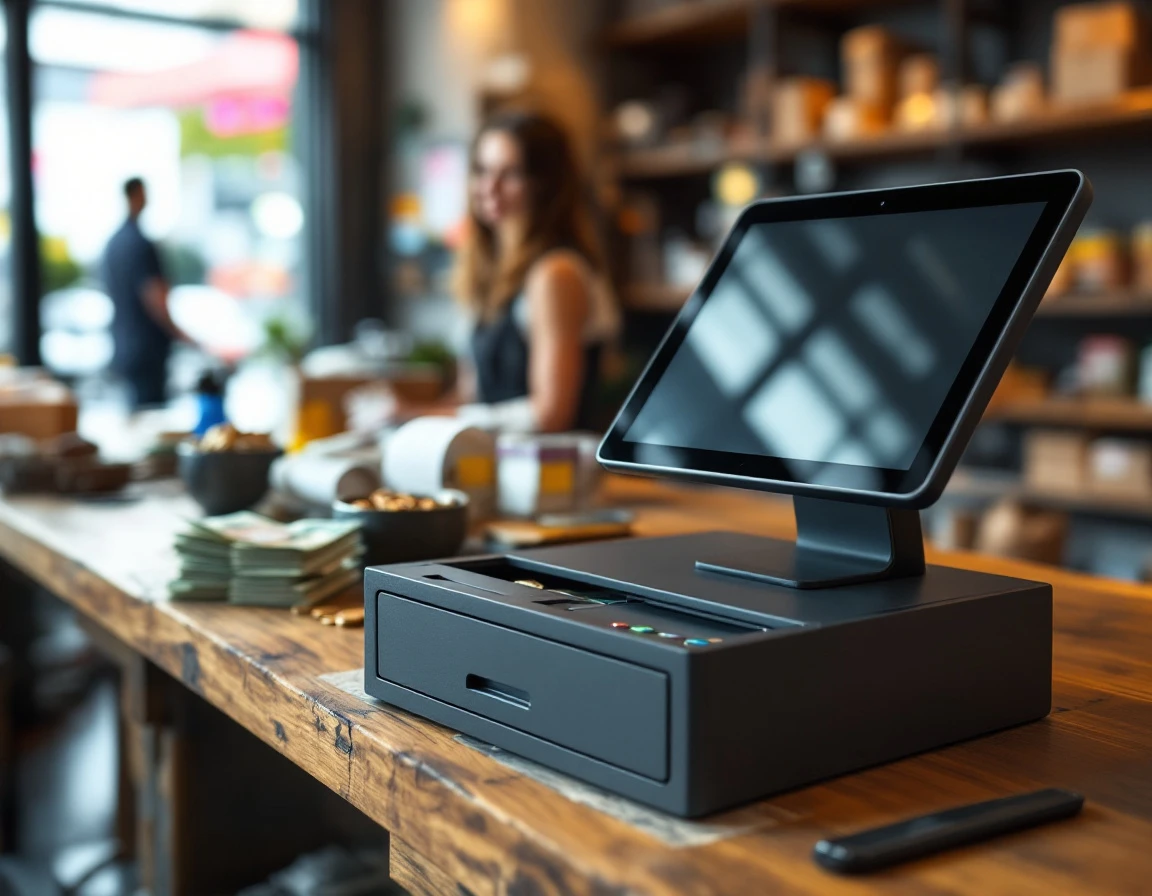 Point-of-sale terminal with cash drawer and receipt printer on retail counter in natural lighting