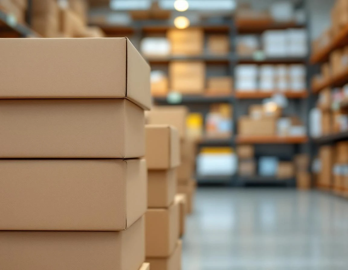 Stacked plain cardboard boxes in pack-and-ship retail store with organized shelving and packaging supplies
