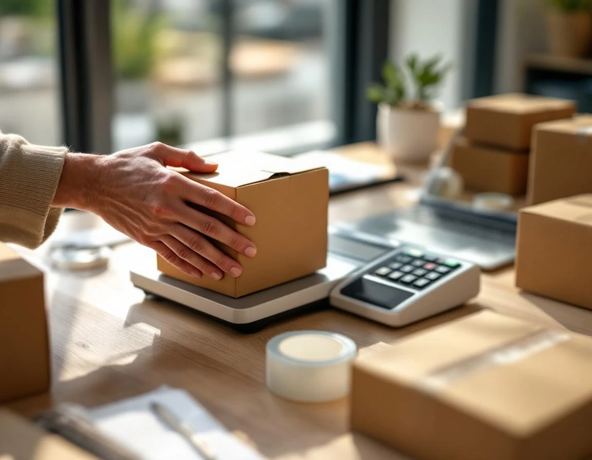 Hands preparing packages on postal scale at small business shipping station with organized workspace
