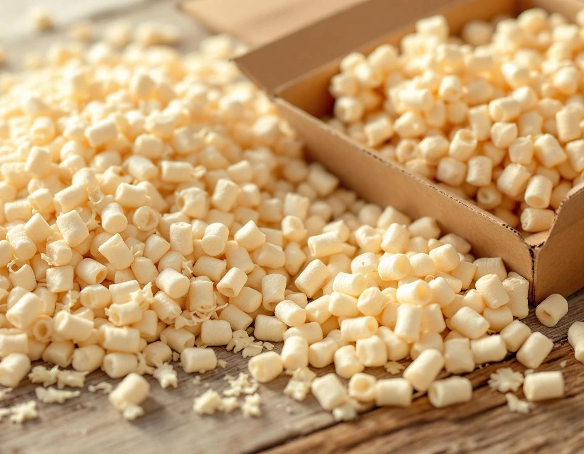 Recycled kraft paper shavings and biodegradable packing materials in natural light showing sustainable packaging textures