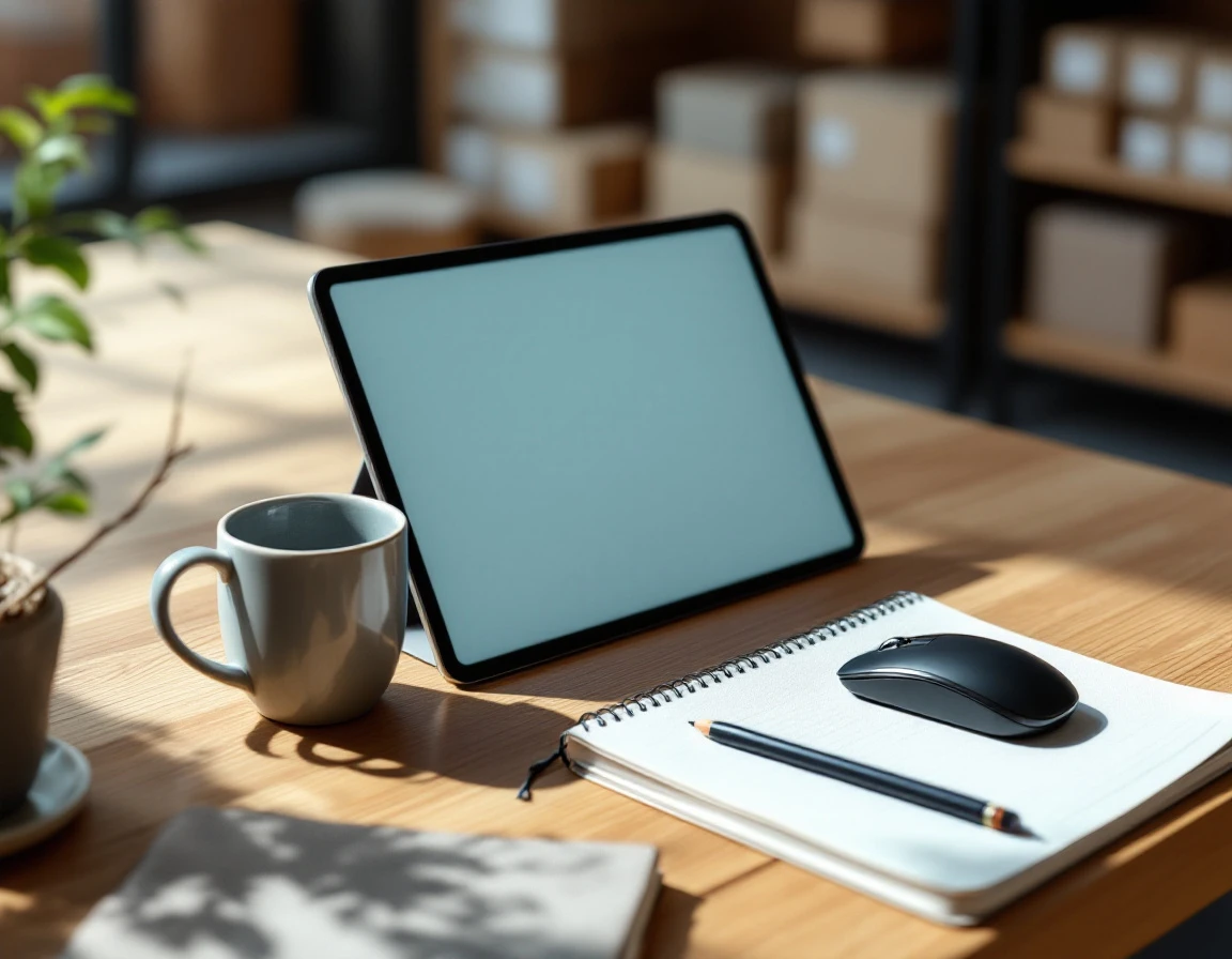 Tablet device with ambient screen glow on wooden retail desk with coffee mug and workspace accessories