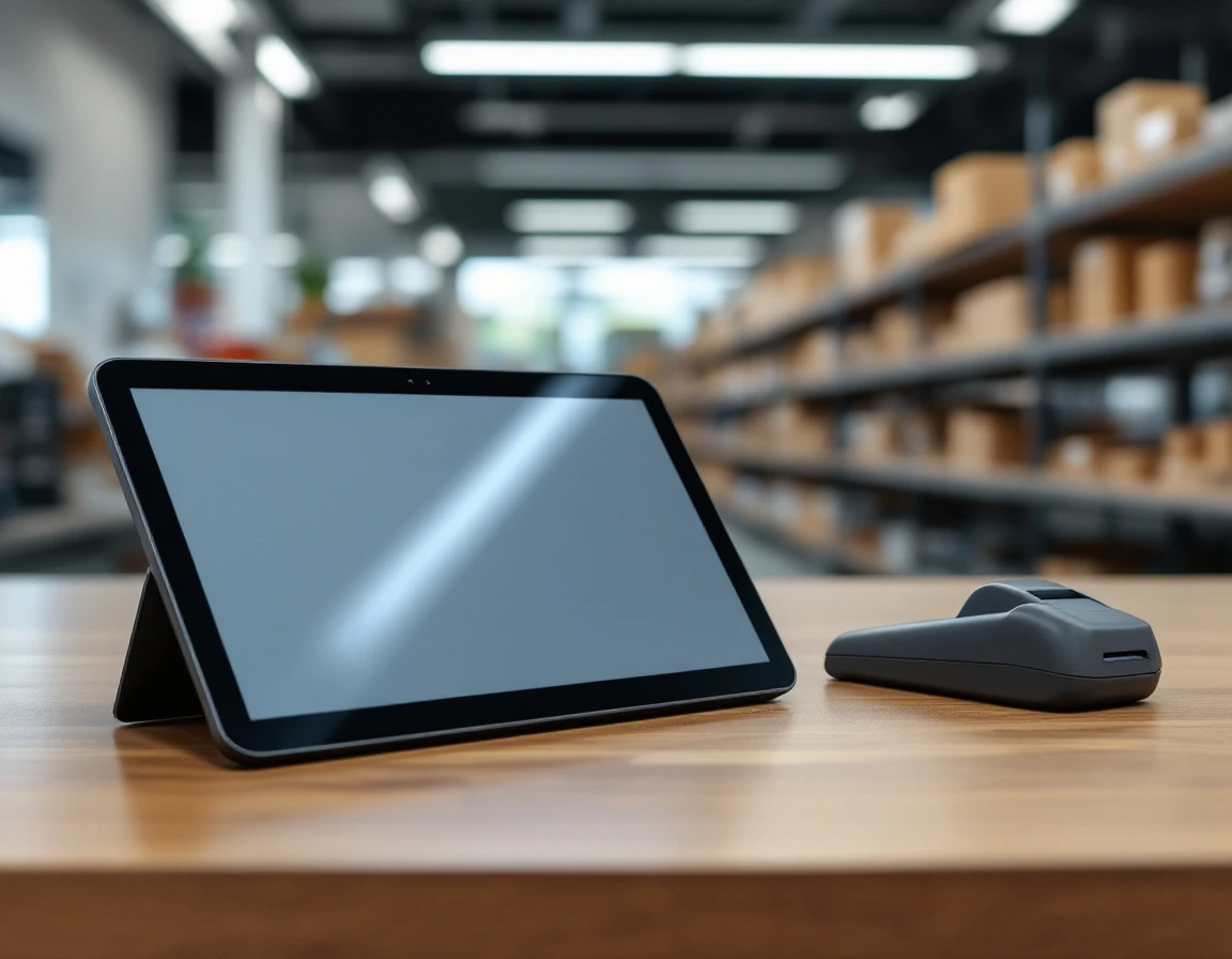 Modern tablet ePOS system with barcode scanner on retail checkout counter showing natural wear and lighting