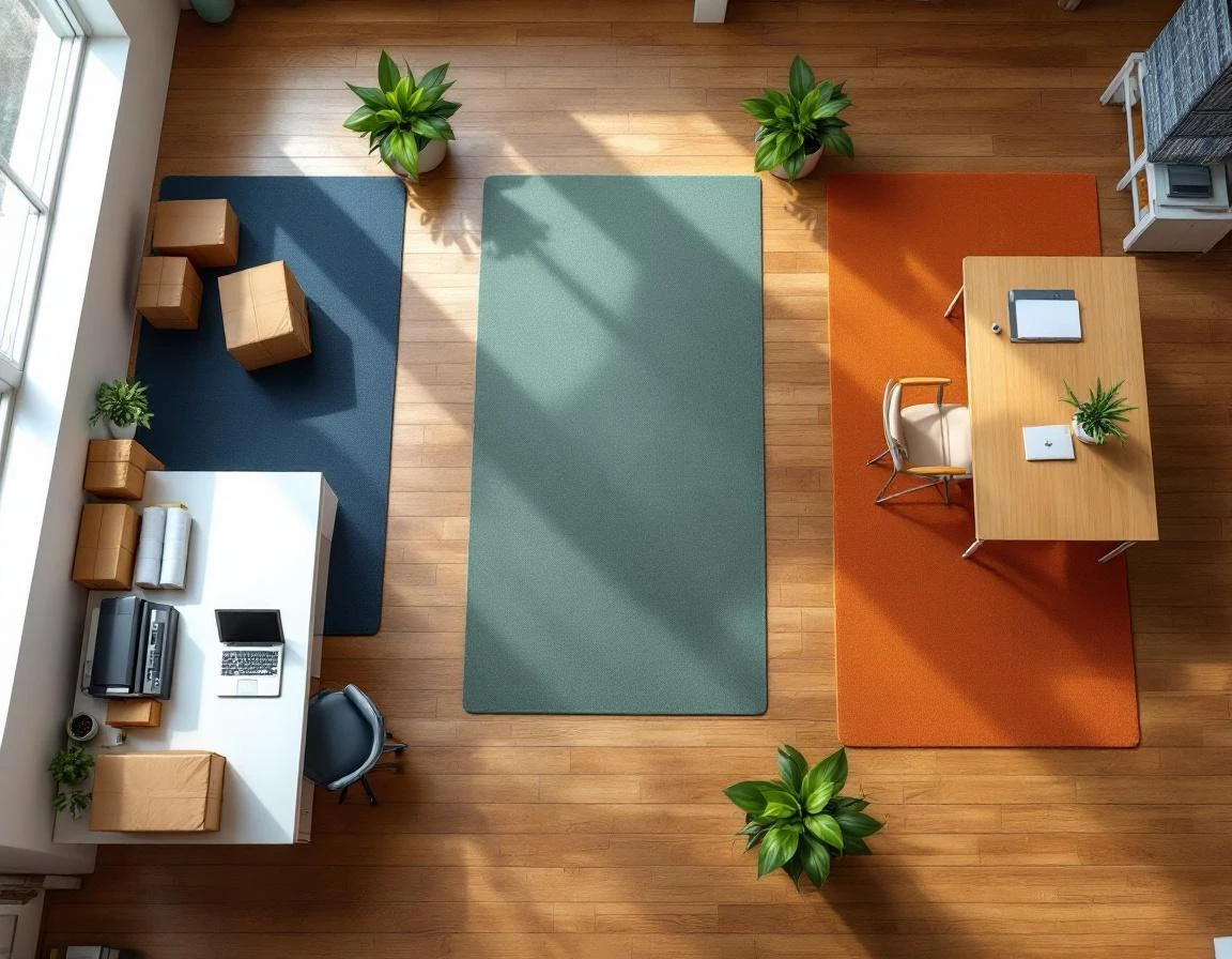 Overhead view of retail floor showing three distinct service zones with colored mats and organized workstations