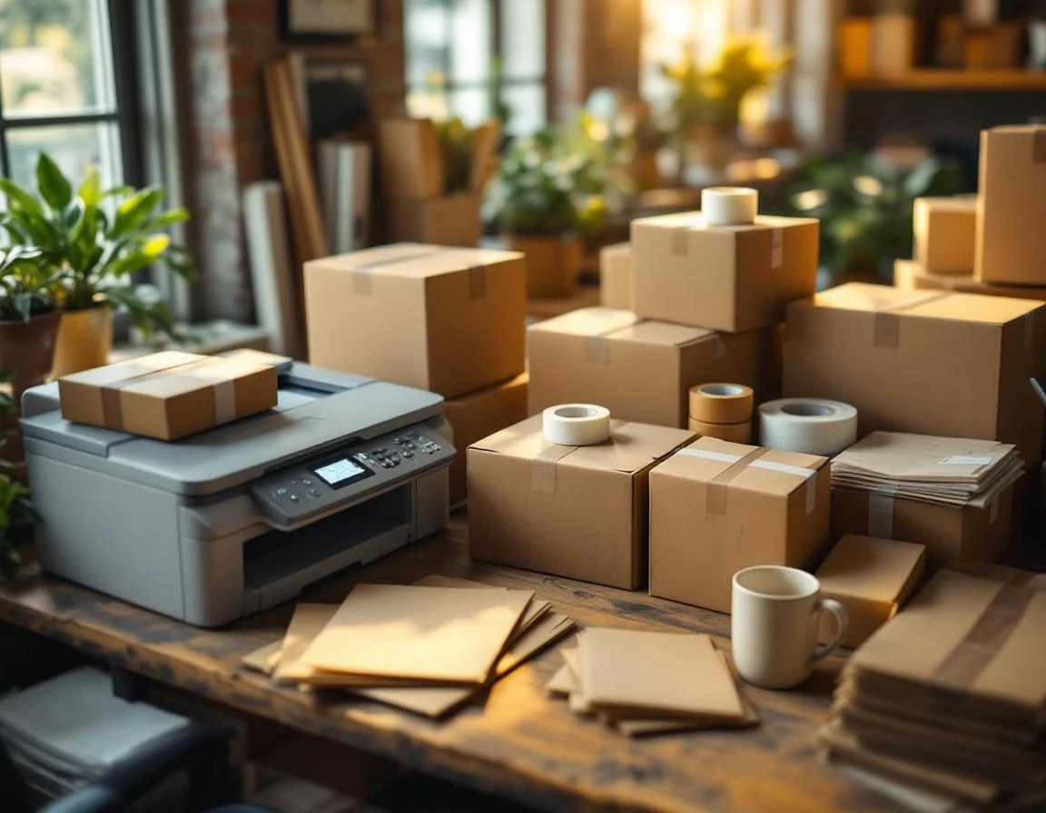 Shipping workspace showing organized zones for packing, printing, and supplies with natural workflow arrangement
