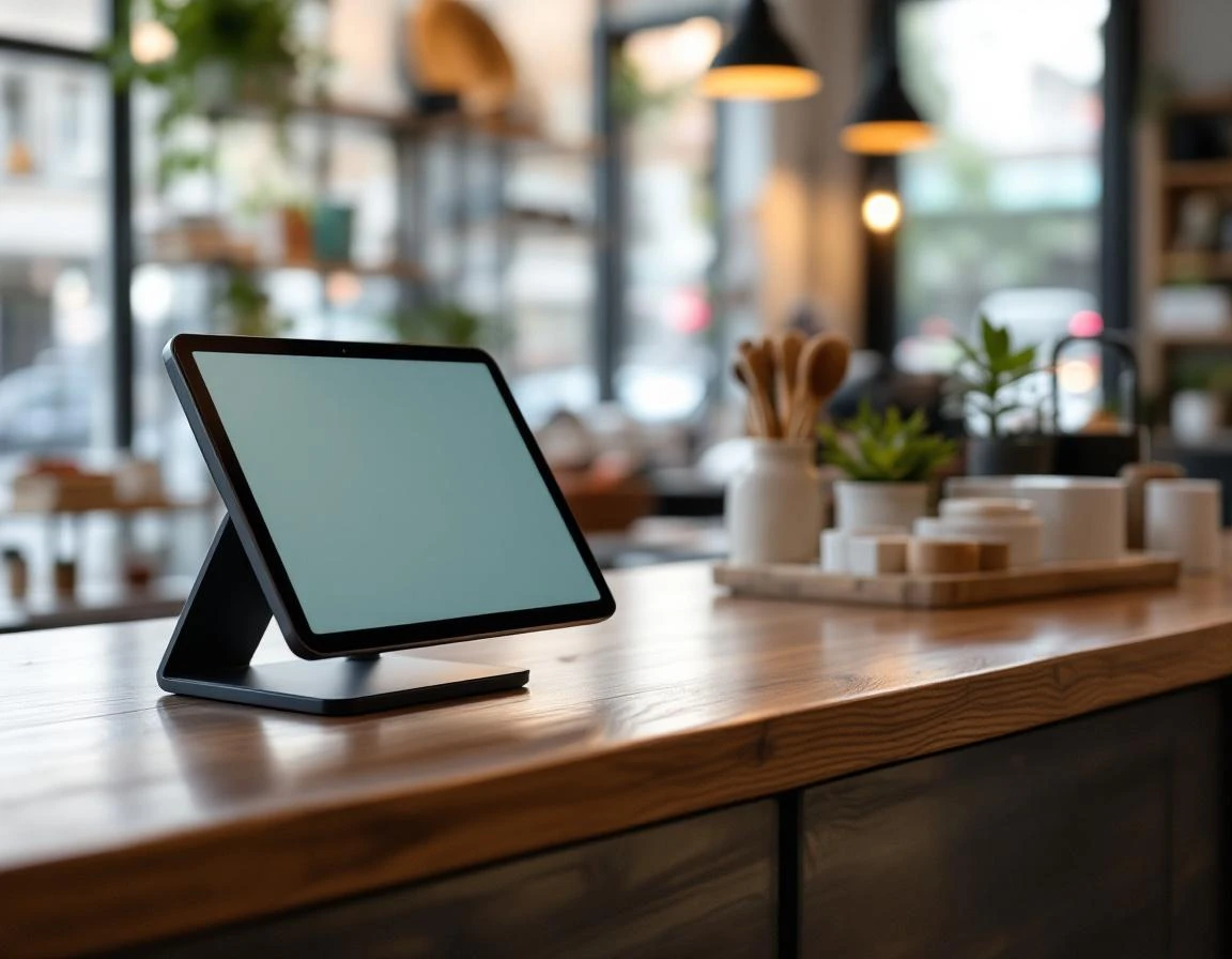 Modern POS terminal integrated into retail counter with inventory displays in Pacific Northwest boutique