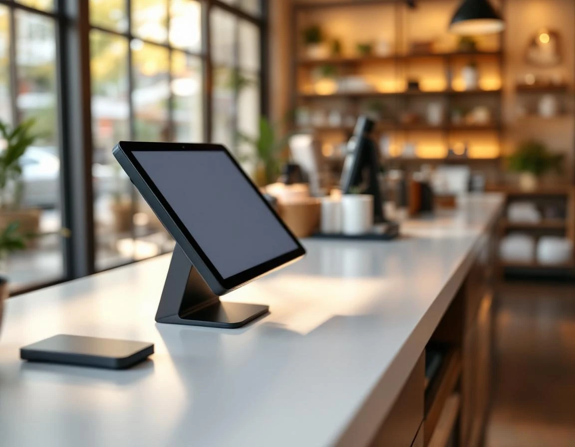 Modern integrated point-of-sale terminal built into clean retail checkout counter with minimalist design