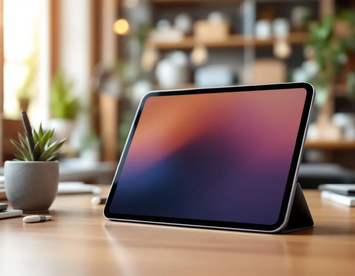Tablet device on wooden desk with blurred screen in modern pack-and-ship store office environment