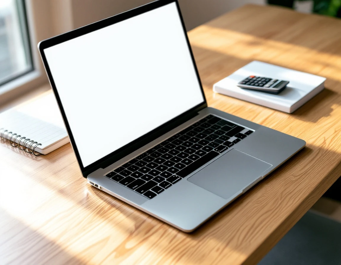 Minimalist business workspace with laptop and calculator on natural wood desk emphasizing operational efficiency