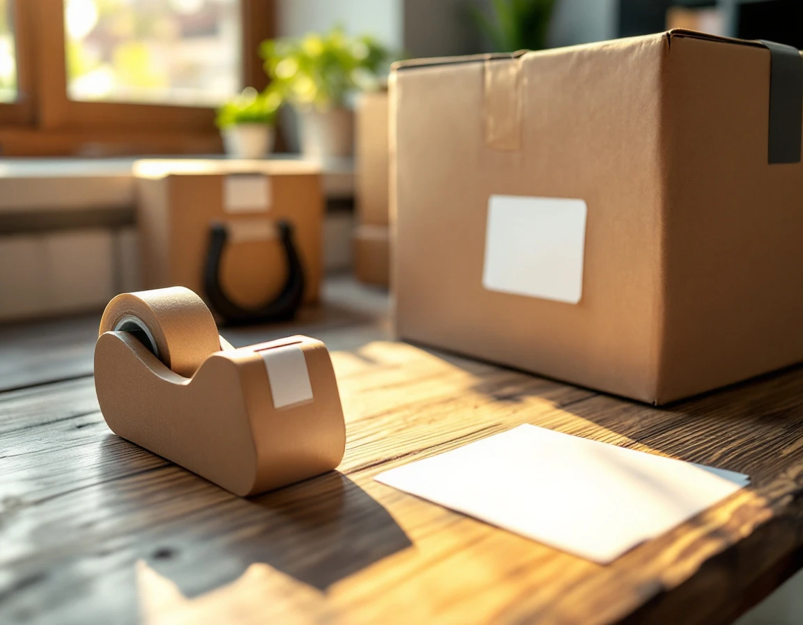 Shipping workspace with kraft boxes, tape dispenser, and postal scale showing small business packing operations