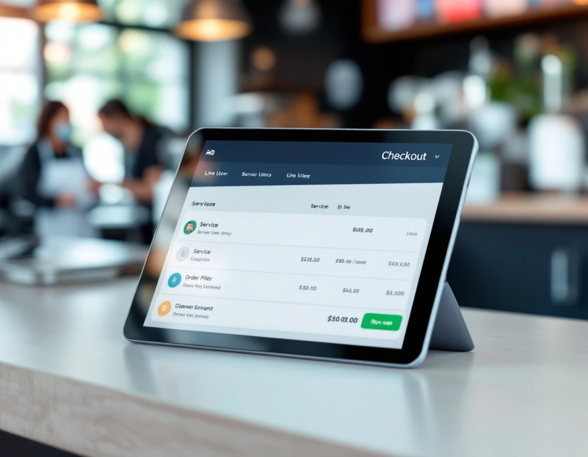 Tablet displaying unified payment interface with multiple service transaction details on retail counter