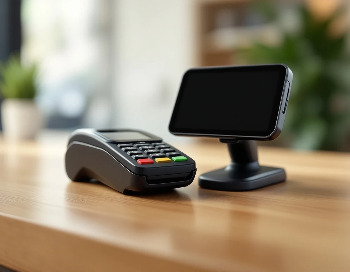 Payment terminal and barcode scanner on wooden retail counter in natural light