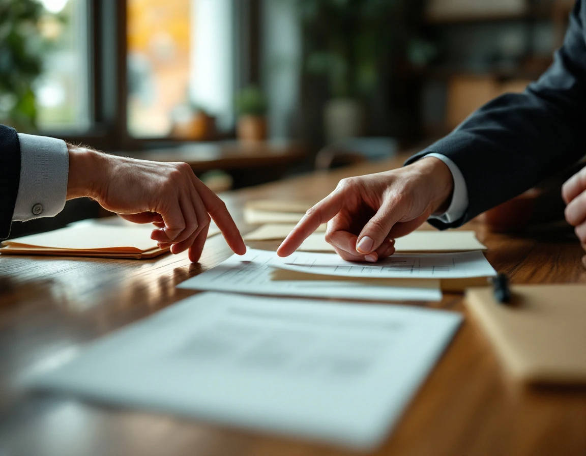 Two professionals reviewing compliance materials at wooden table with natural hand positioning and blurred documents