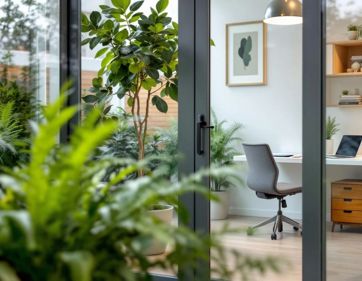 Modern home office workspace with laptop and minimal desk setup viewed through glass doors with green landscaping