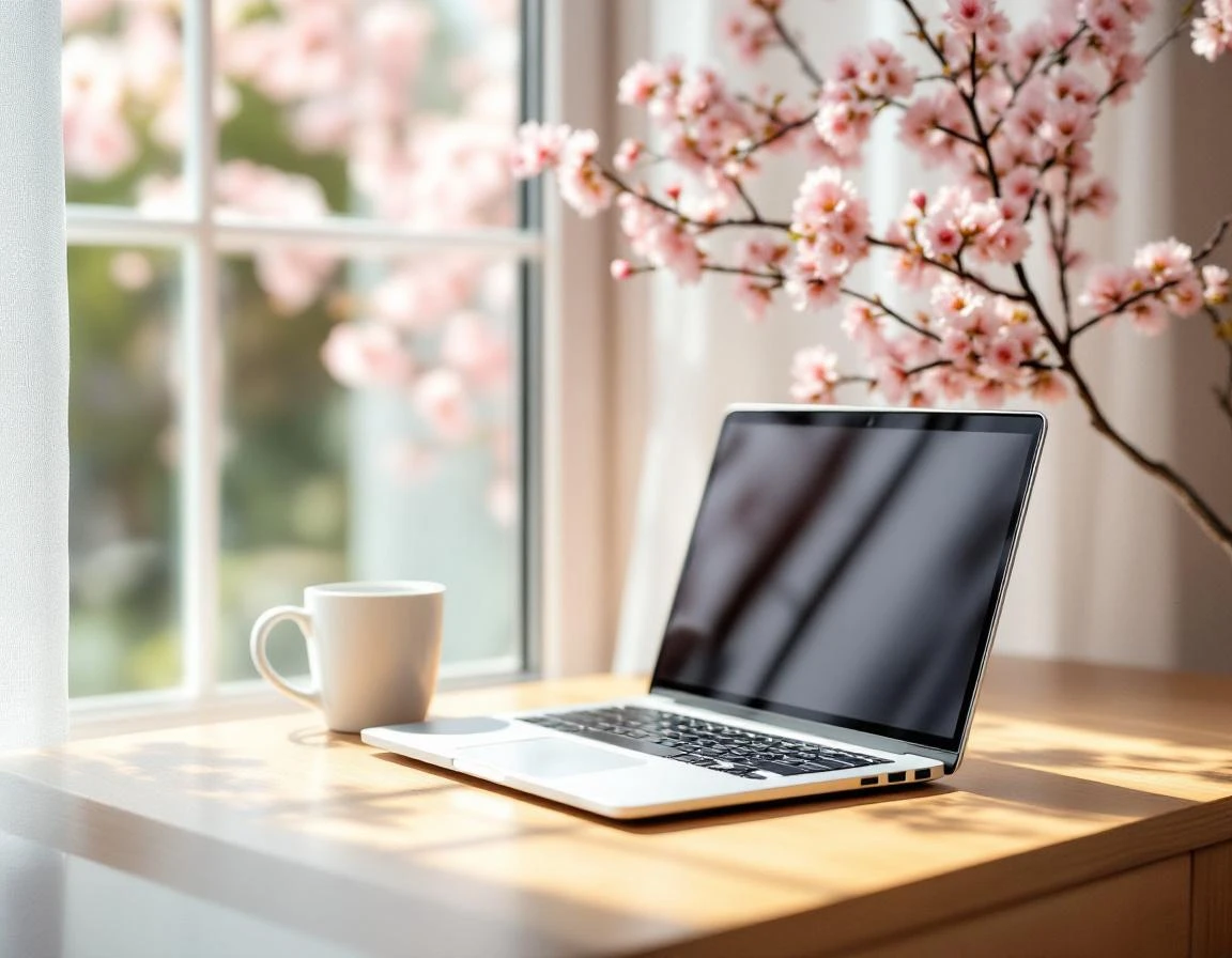 Closed laptop on wooden desk with spring cherry blossoms visible through window in natural morning light