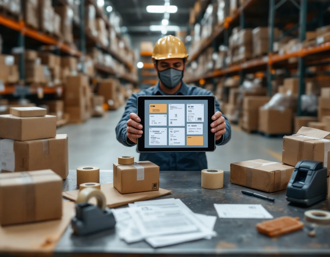 Warehouse worker reviewing shipping manifests at packing station surrounded by labeled parcels