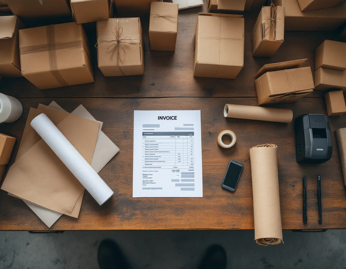 Cardboard boxes and packing materials arranged on warehouse desk for shipping preparation workflow