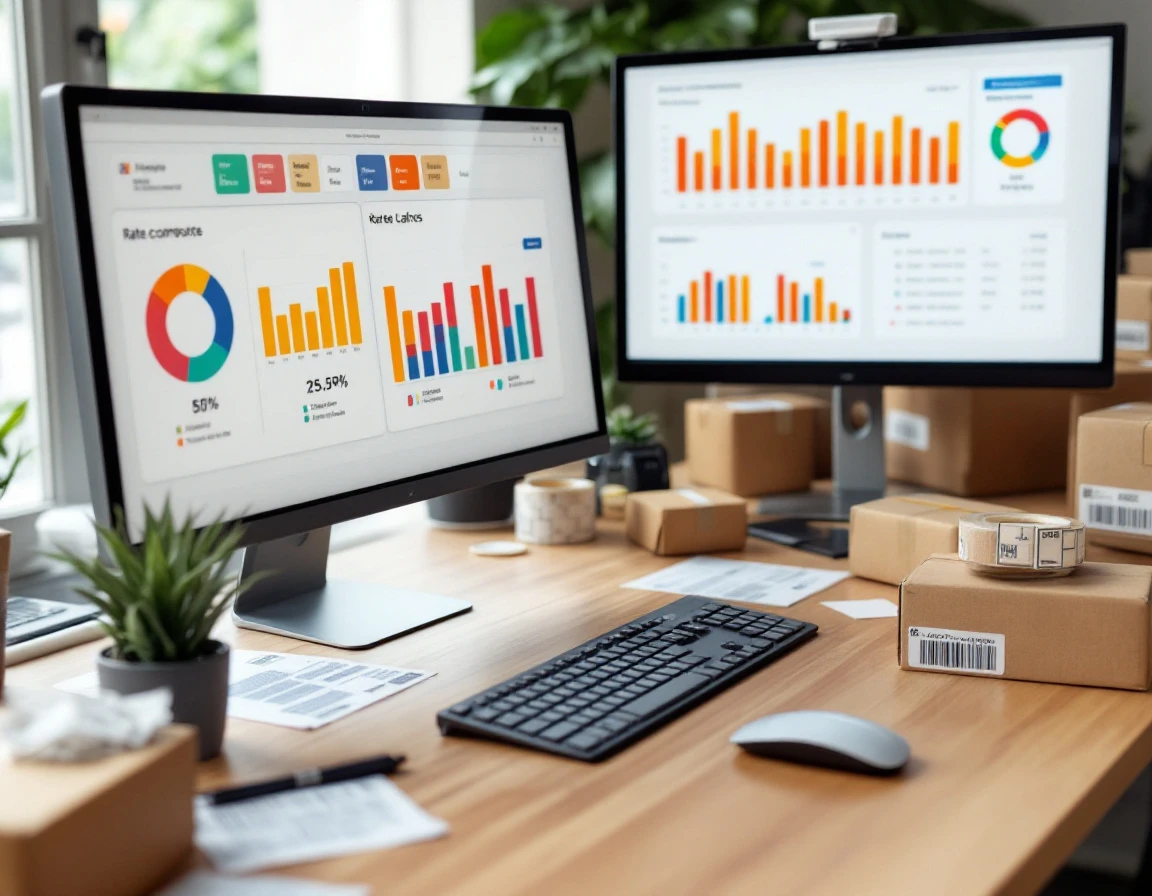 Shipping store workspace showing rate comparison tools and packing materials for customer communication