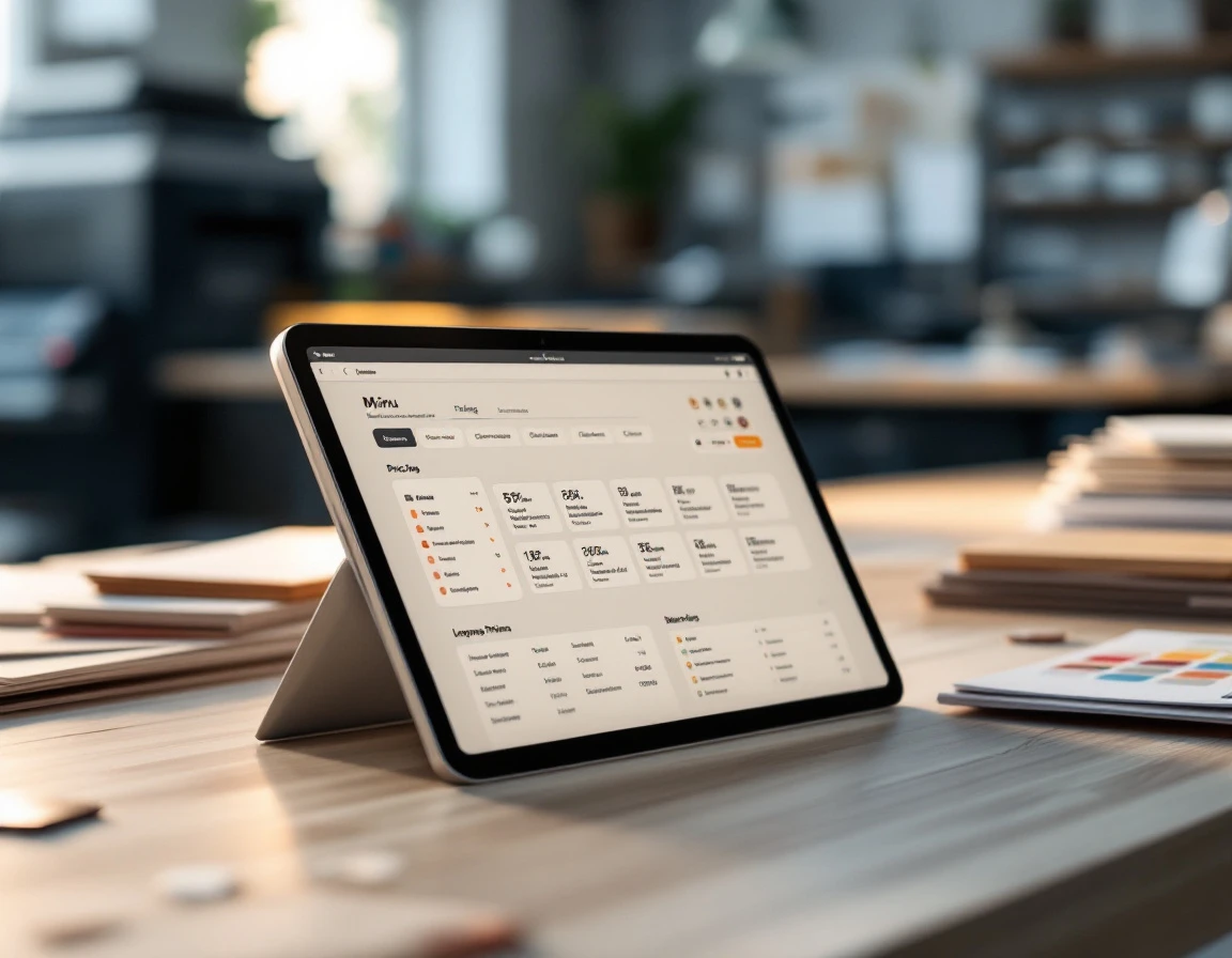 Tablet displaying restaurant menu management interface on print shop workspace with design samples