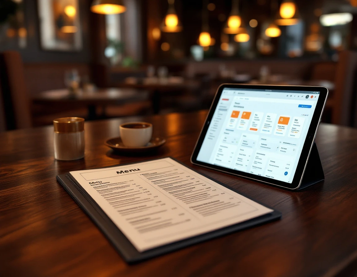 Restaurant menu and tablet POS system side by side on dining table showing digital-to-print workflow