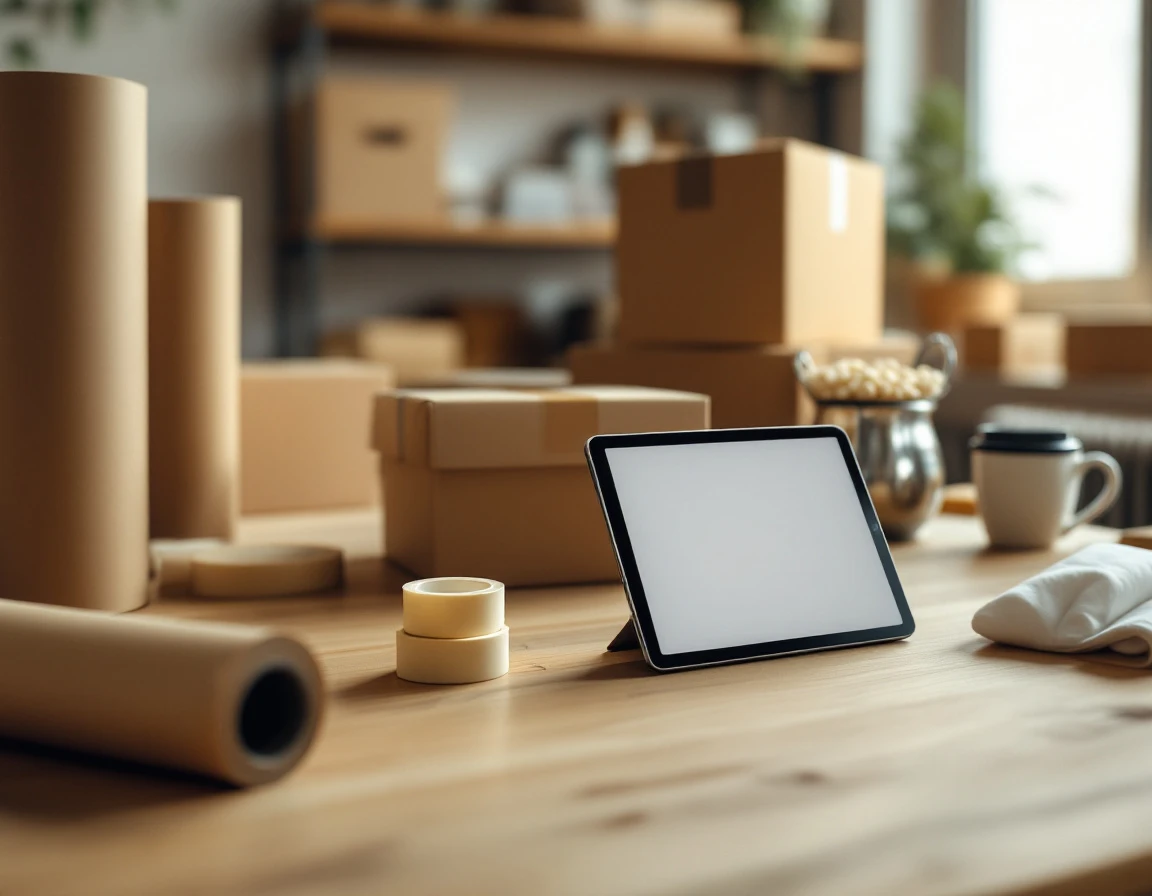 Pack-and-ship store workspace with modern tablet, shipping supplies, and organizational materials on wooden desk