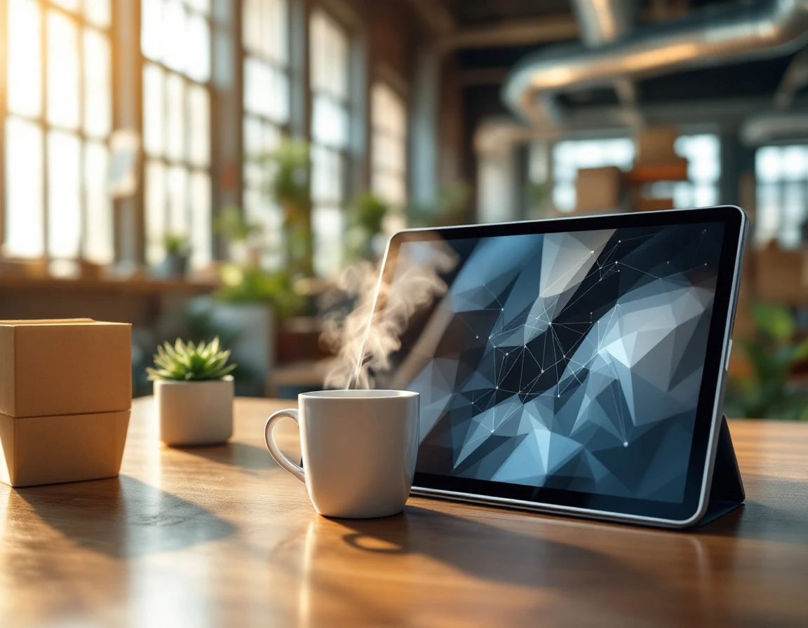 Modern tablet displaying abstract analytics on wooden desk in warehouse office with afternoon sunlight