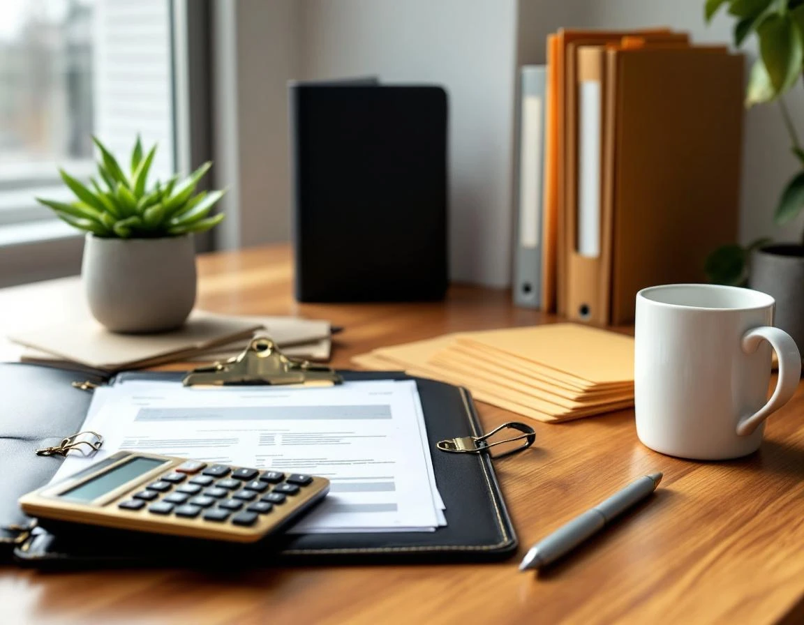 Organized office desk with calculator, portfolio, and files for tariff claim documentation work