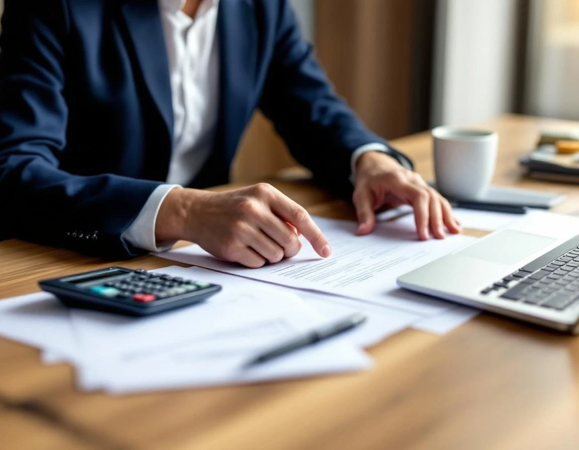 Professional reviewing blank financial documents with calculator and coffee at organized wooden desk