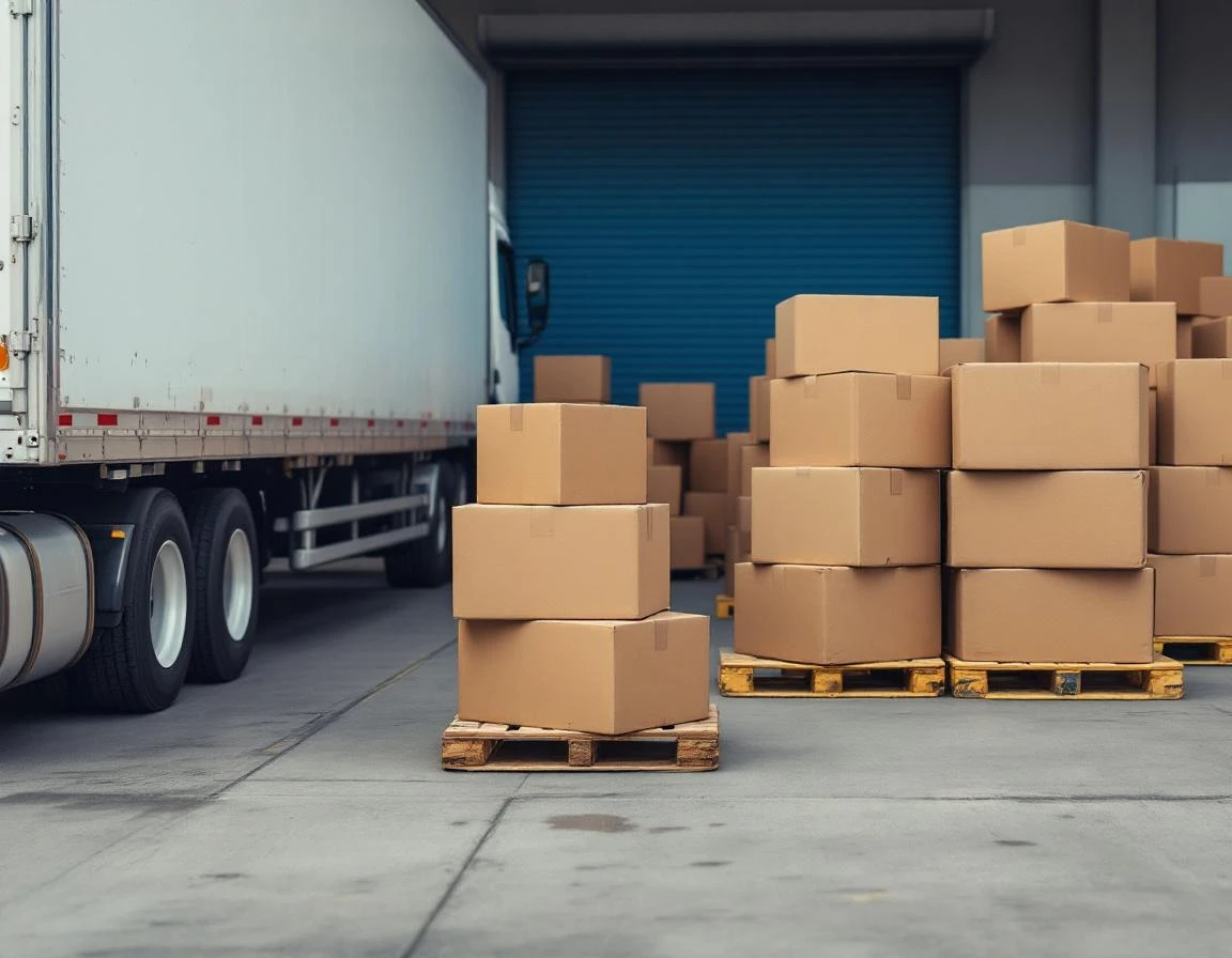 Commercial warehouse loading dock with stacked shipping boxes and semi-truck preparing for spring volume surge