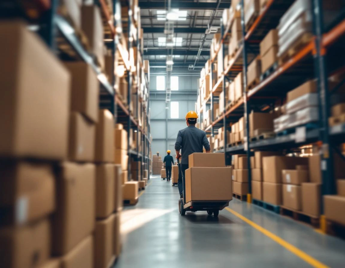 Worker moving stacked packages on hand truck through warehouse with natural window lighting during spring shipping rush