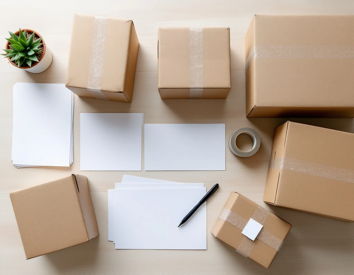 Overhead view of cardboard boxes and international shipping materials arranged on wooden desk