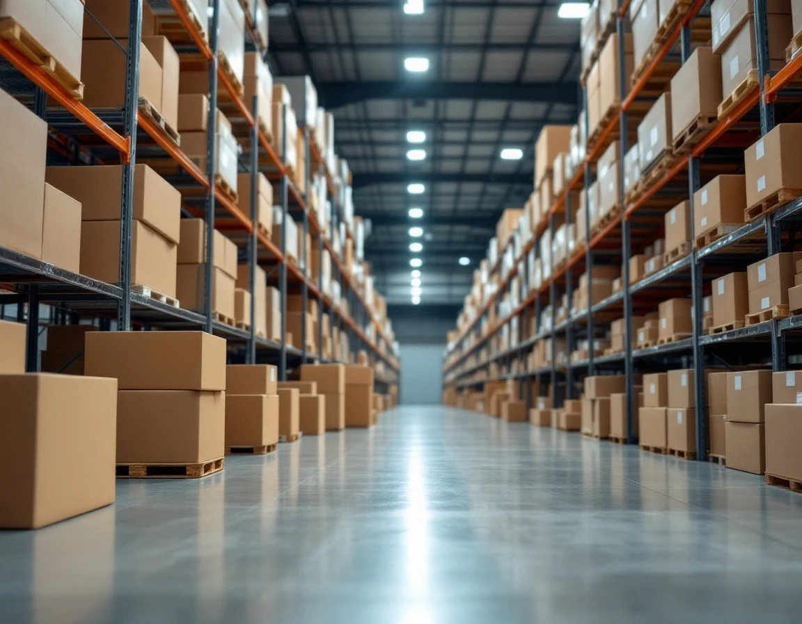 Blank cardboard shipping boxes stacked on industrial warehouse shelving in a logistics distribution center