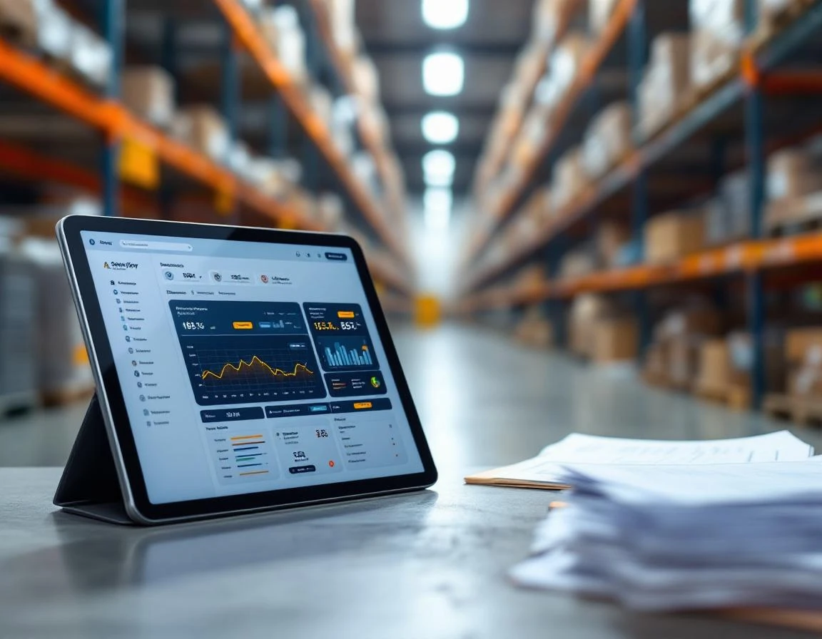 Tablet displaying inventory management interface on warehouse workstation with product samples and documentation