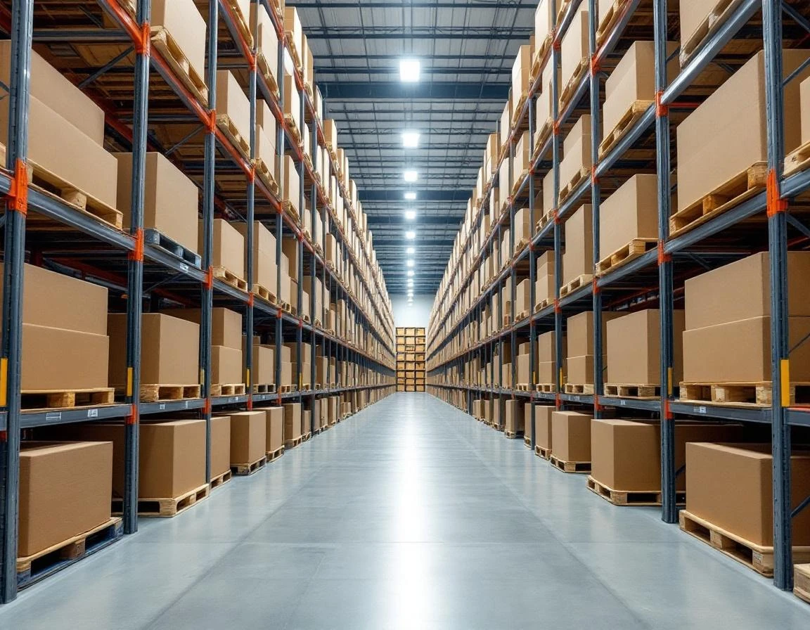 Organized warehouse aisle with blank cardboard boxes on industrial shelving showing systematic inventory storage