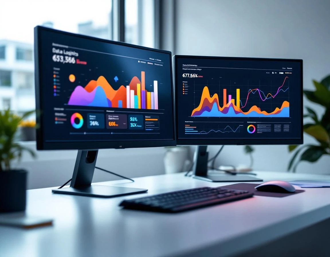 Dual monitor workspace displaying abstract shipping rate comparison data visualizations and trend analysis charts