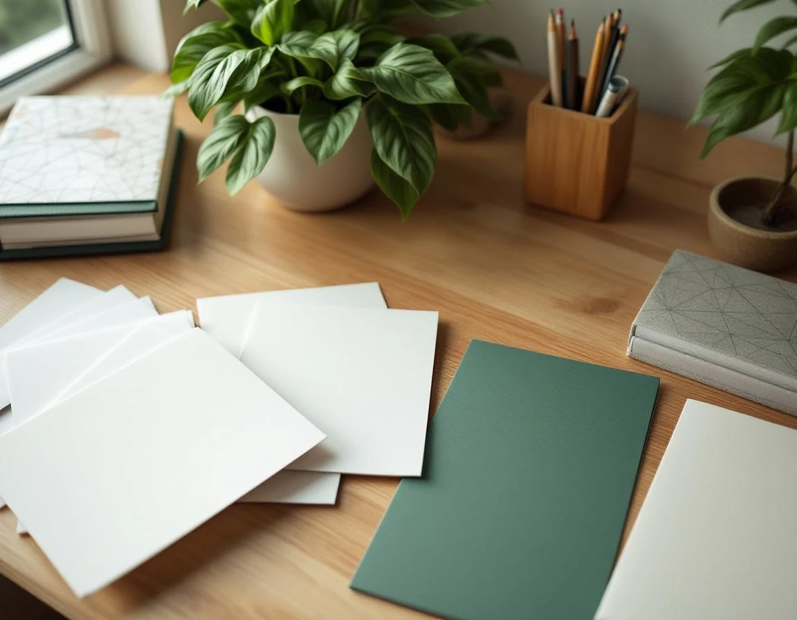 Organized printing studio workspace with sustainability materials, plant, and office supplies in natural light