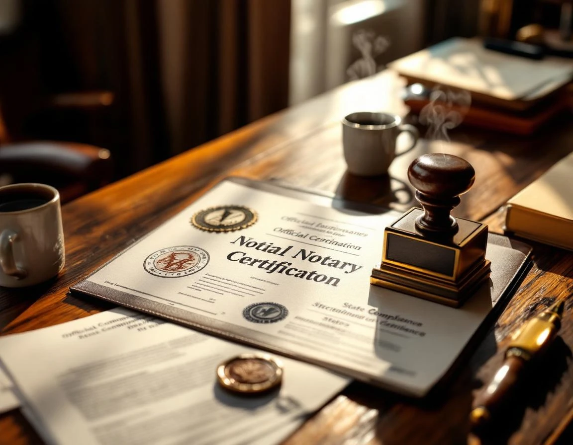 Notary workspace with embosser, official certificates, and compliance documents on wooden desk with morning light