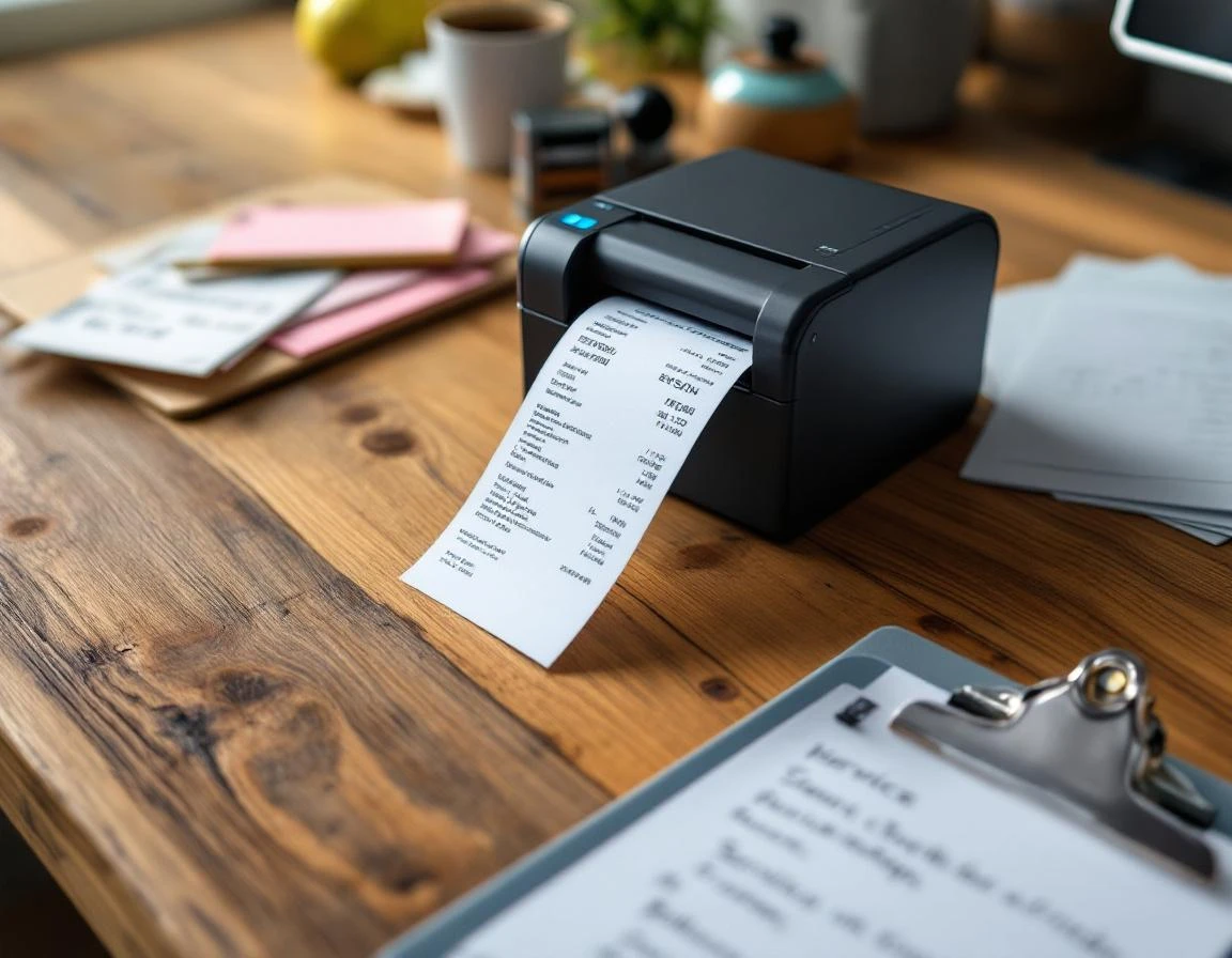 Thermal printer generating multi-service invoice on office desk with shipping labels and notary materials